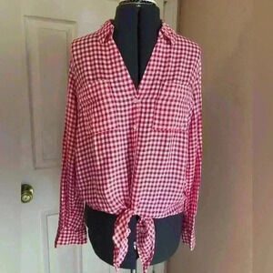 Jones white bright pink fuschia long sleeve plaid top front tie sleeve roll up